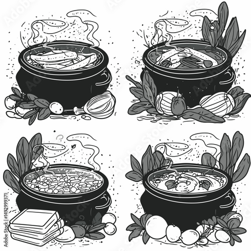 Black and white illustration of four different types of stew in pots 