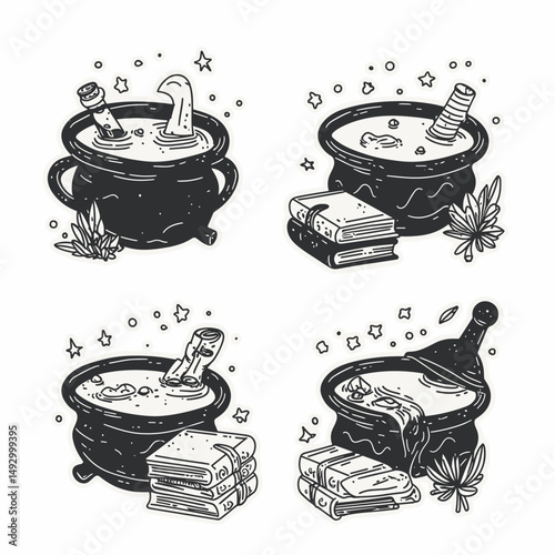 Enchanting Cauldron of Magic: A set of four captivating illustrations depicts a steaming cauldron filled with bubbling liquid, magical ingredients and ancient spellbooks.