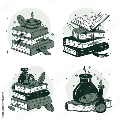 Magical Book Stack Illustration: Artistic illustration featuring stacks of enchanted books, candles, and potion bottles creating a whimsical and mysterious atmosphere.
