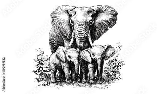 Retro Elephant Family Sketch, Vintage Mammals Hand-drawn Etching, Monochrome Wildlife Illustration, Classic Animal Art Print, Safari Decor, Tribal Vintage Style, Nature Inspired Artwork