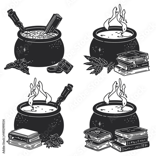 Witch's Cauldron and Mystery Books: A monochrome illustration captures the essence of magic and mystery with witch's cauldrons. with a pile of books.