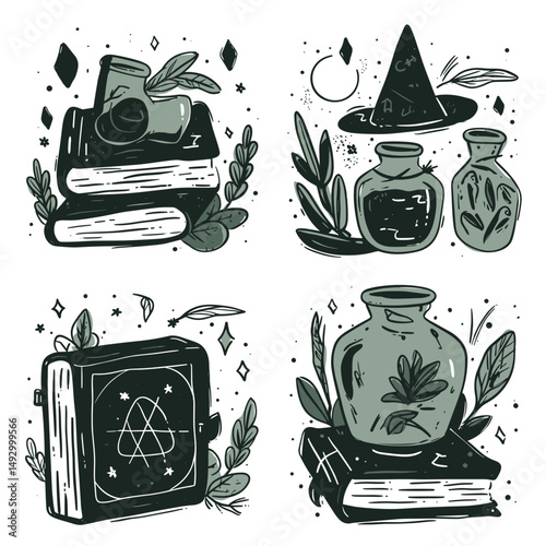 Mystical Elements: A collection of hand-drawn magical items, each illustration filled with enchanting symbols, depicting a whimsical aesthetic.