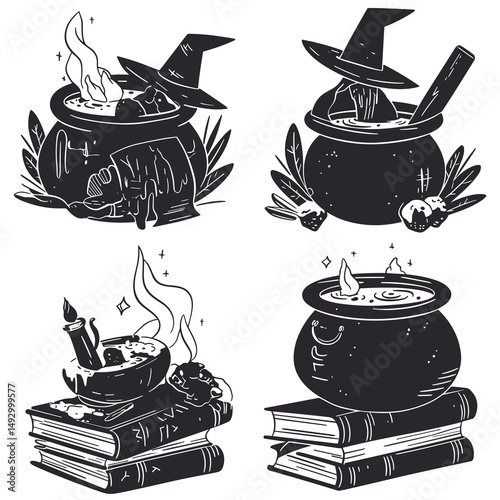 Mystical Brews: Four stylized illustrations of cauldrons and witchy tools, ideal for themed content and creative projects.