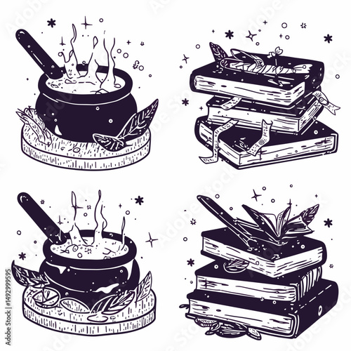 Magical Illustrations: A set of enchanting line art illustrations, featuring a bubbling cauldron and mystical books, perfect for adding a touch of fantasy.