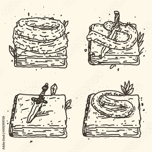 Mystical Tome Collection: A compilation of captivating, hand-drawn illustrations showcasing magical tomes and enchanted objects, evoking a sense of mystery and fantasy.
