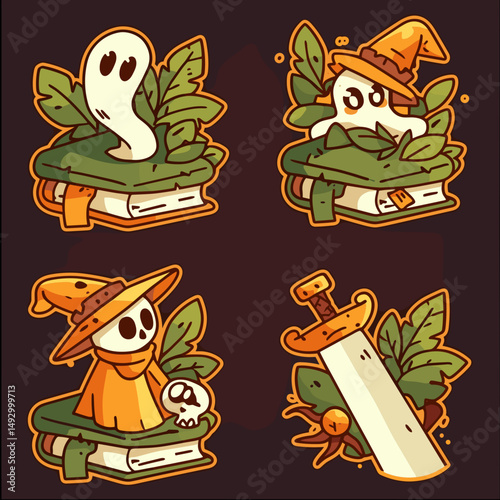 Enchanted Books & Halloween Imagery: A collection of whimsical illustrations showcasing cute ghosts and magical elements atop spellbooks, with a distinct halloween vibe.