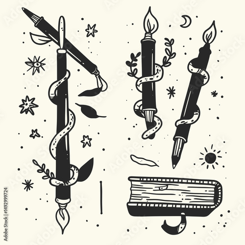 Tools of the Trade: Hand-drawn illustration, depicting the essence of creativity, with the quill, paintbrush and the book in the realm of artistic endeavor.