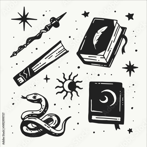 Mystical Elements Collection:  A black and white illustration of magical objects, perfect for occult, witchy, or fantasy themes.   