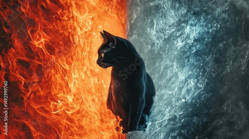 A black cat standing between a wall of flames and a field of ice, representing the balance between opposing forces