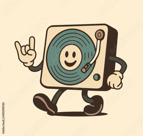 Funny retro character of vinyl player. Vintage Design for your Stickers, posters, prints. Retro cartoon style. Vector illustration of vinyl record.