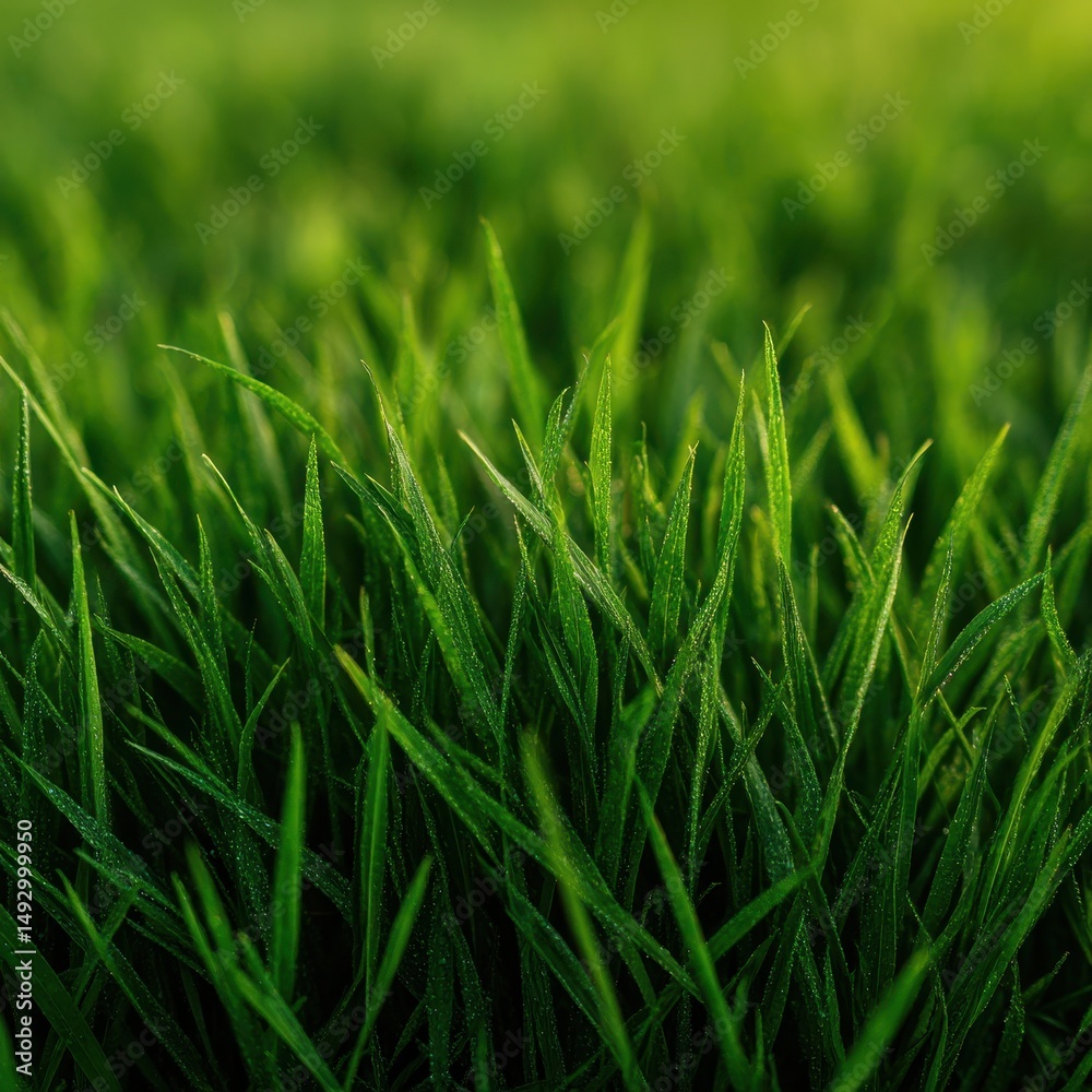 Obraz premium Close-up View of Fresh Green Grass Blades on a Lawn Surface