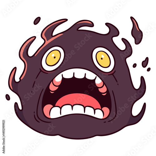 Black liquid amorphous scary slime monster, virus bacteria or caries, doodle cartoon character, kawaii isolated cute clean and simple vector illustration