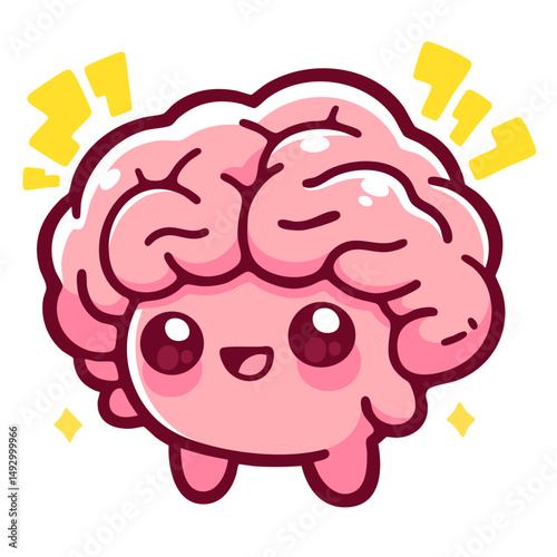 Cute happy brain, positive optimistic mind character, doodle cartoon, isolated clean and simple vector illustration