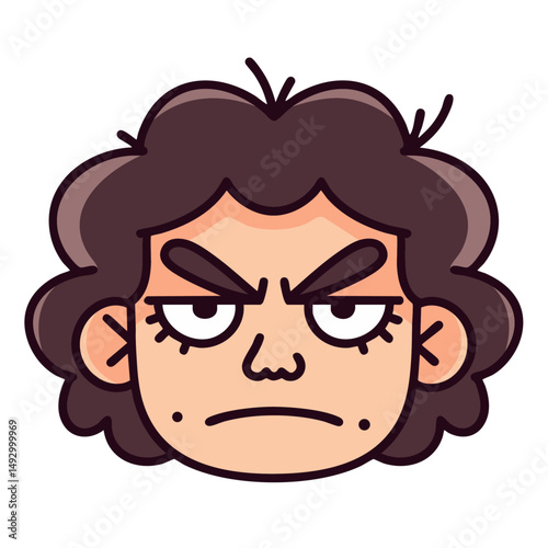 Ugly unattractive frowning person portrait, grotesque caricature grimace, weird crazy looking lady, doodle cartoon character, isolated clean and simple vector illustration