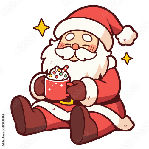 Cute happy smiling Santa Claus hold hot drink with marshmallow and candy cane, doodle cartoon character, kawaii isolated clean and simple vector illustration