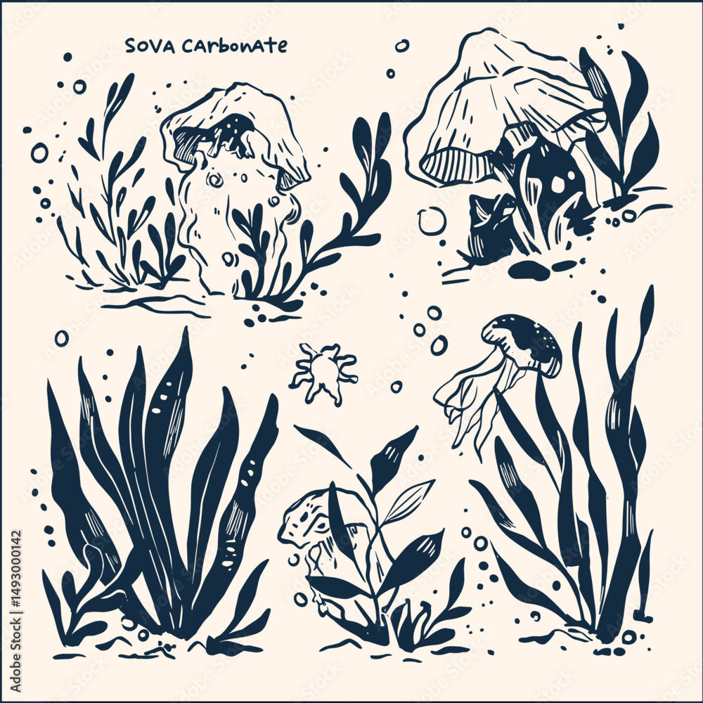 Fototapeta premium Elegant Underwater Illustrations: Dive into a world of delicate sea life, featuring exquisite illustrations of jellyfish, sea plants, and other captivating aquatic elements.
