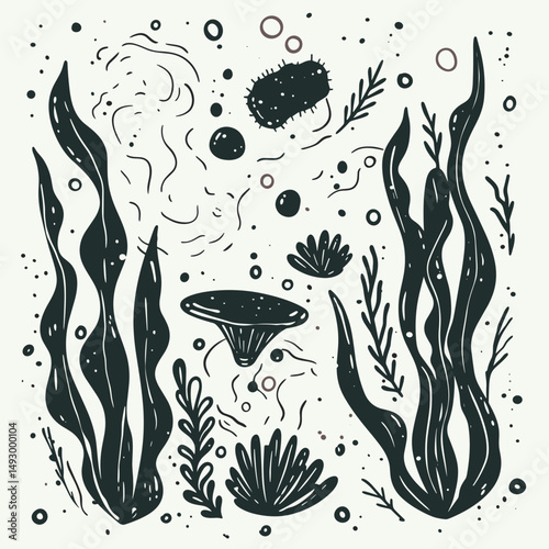 Marine Life Illustration: A monochromatic illustration depicts a diverse array of marine elements including seaweed, fungi, bacteria, and other water life.