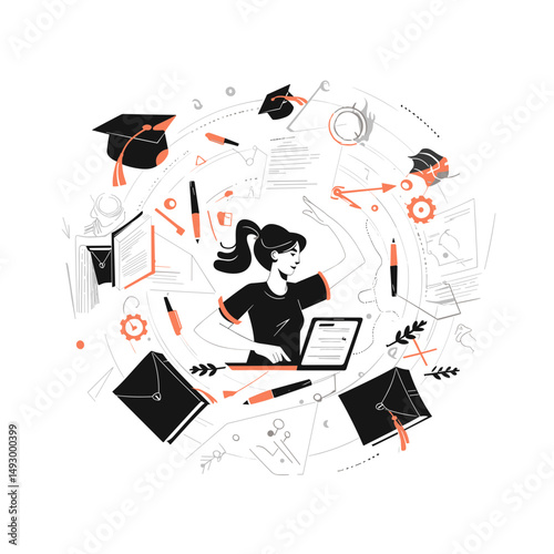 Education Circle: An illustrative scene captures a student immersed in a dynamic educational environment, surrounded by elements of learning and academic achievement.
