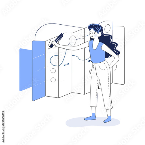 Planning and Vision: An illustration of a woman meticulously sketching a business plan, capturing the essence of strategy and organizational prowess, a symbol of forward-thinking design.