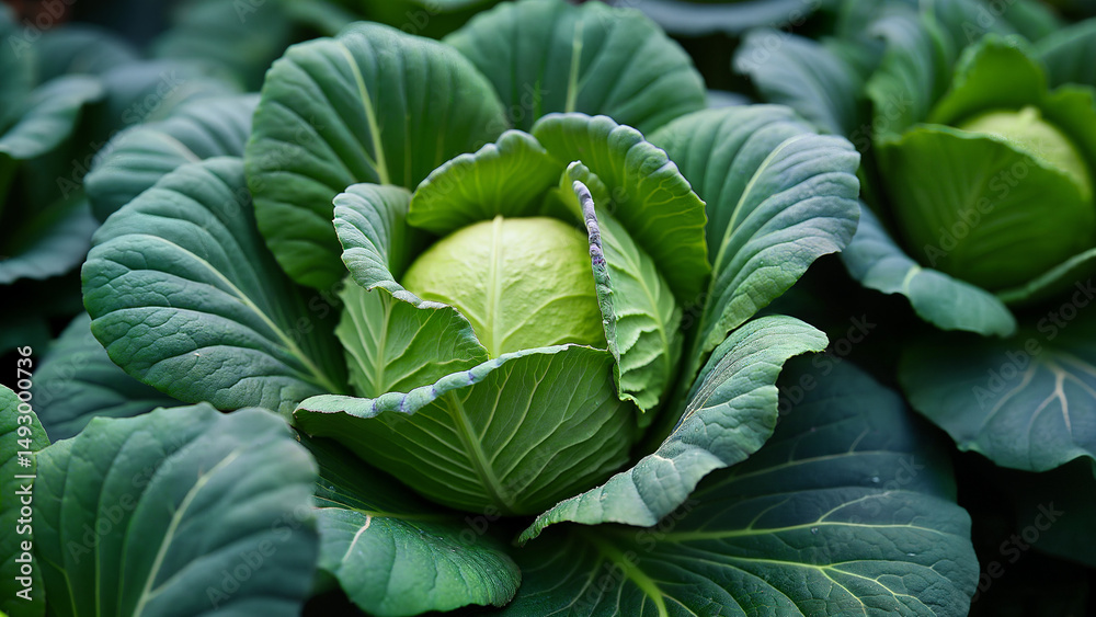 Fototapeta premium Ripe headed cabbage plant with green leaves, isolated in a garden. Ideal for illustrating healthy vegetables, gardening, or organic farming concepts.
