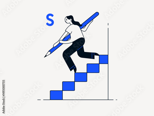 Climbing Steps To Success: A determined woman strides up a flight of stairs, holding a giant pen, symbolizing progress and growth toward a brilliant concept.