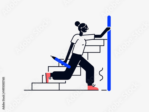 Illustration of Determined Ascent: A determined individual, clutching a stylus, ascends a set of steps.