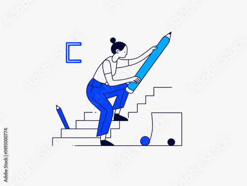 Steps to Creativity: A determined individual ascends a staircase, a giant pencil in hand, symbolizing the creative journey and the pursuit of artistic achievement.
