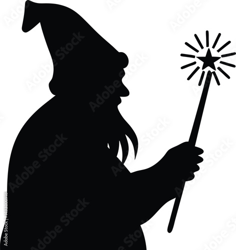 Wizard Silhouette with Magic Wand – Fantasy Vector Illustration