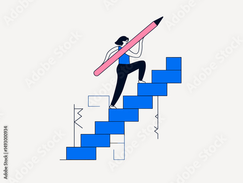 Climbing the Ladder of Creativity: A determined individual ascends a staircase, their path illuminated by the vibrant pencil they carry, symbolizing the ascent to success. 