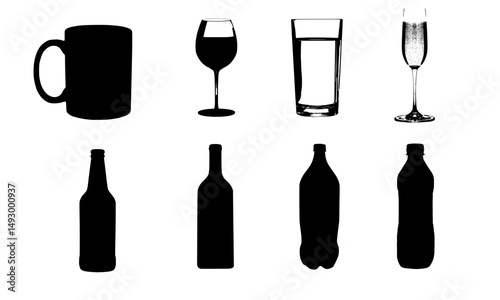 Glass and bottle symbol icons in various shapes feature unique and versatile design variations, suitable for culinary, beverage or packaging themes with a modern and informative visual style.