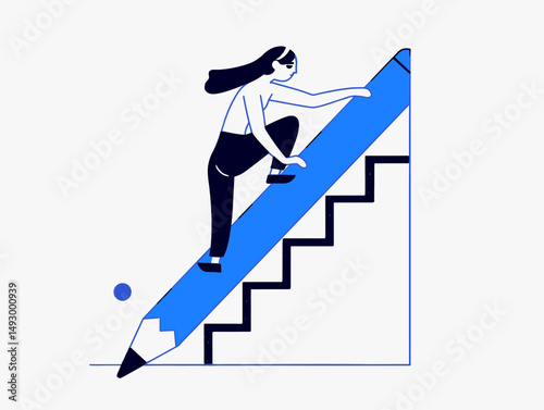 Climbing the Ladder of Success: A stylized illustration of a determined woman climbing a giant pencil that forms a staircase, symbolizing the journey to success and personal growth.