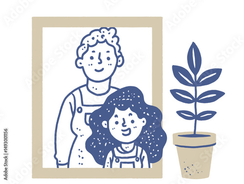 Nurturing bond: A heartwarming illustration showcasing the bond between a mother and child, framed with a potted plant symbolizing growth, love and family.
