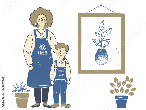 Mother and Son in Botanical Scene: A heartwarming illustration depicting a mother and son standing in a quaint botanical setting, surrounded by potted plants and a framed artwork.