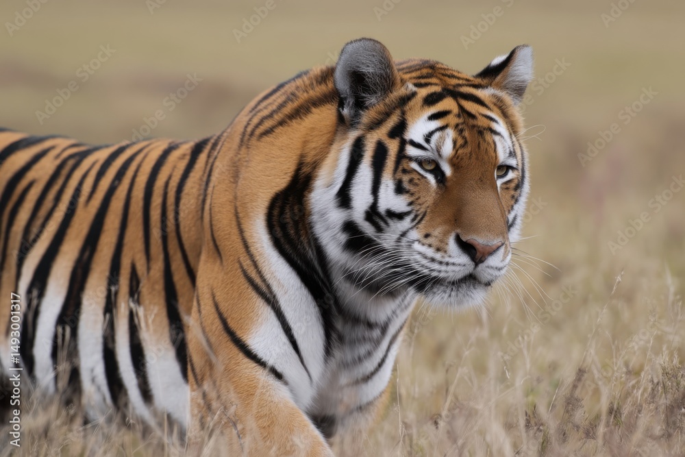 Fototapeta premium Majestic tiger resting in tall grass during a calm afternoon in the wild