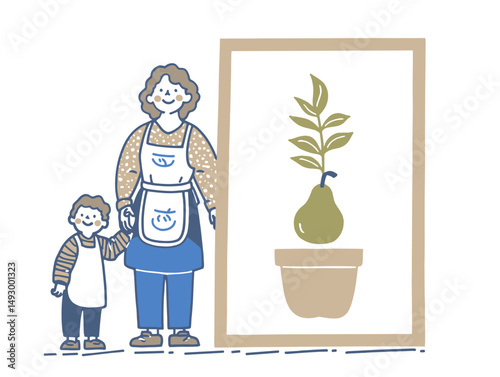 Mother and Child in Home Garden: A heartwarming illustration depicts a mother and child, hand-in-hand, standing beside a framed art piece featuring a potted plant.