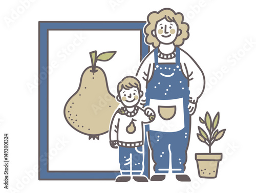 Family and Fruit: A mother and her child stand by a framed picture of a pear, alongside a small potted plant, evoking the warmth of family and connection with the simple elegance of nature.
