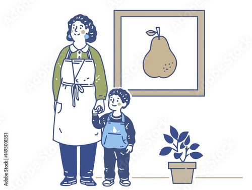 Mom and Child: A heartwarming illustration depicts a tender moment between a mother and child, hand in hand, gazing upon a painting. The artwork captures a blend of affection, family bond.