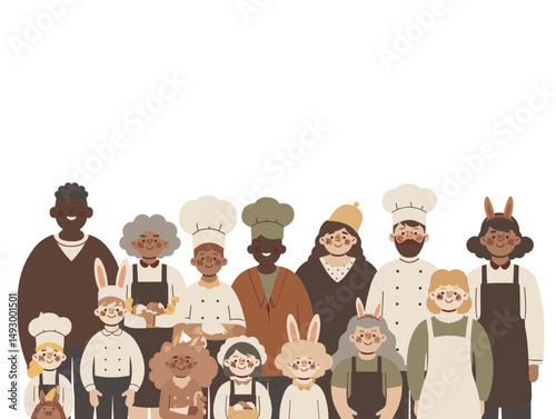 Culinary Harmony: A group of diverse culinary artists and cheerful staff, united by a shared passion for cooking, creating a harmonious and inviting atmosphere, ready to make delicious food.