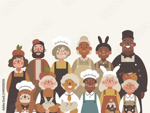 Culinary Crew: A diverse ensemble of chefs, each adorned in unique attire, unite in a vibrant tableau, reflecting the heart and soul of the culinary world.