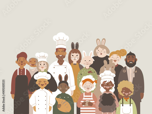 Culinary Harmony: A diverse group of culinary professionals and enthusiasts, all smiles, assembled in a studio shot, embodying the spirit of creativity and collaboration in the kitchen.