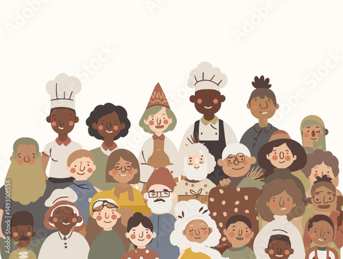 Harmony of Faces: A tapestry of diverse individuals, each face tells a unique story. representing a mosaic of cultures and backgrounds. Illustrative style of artistic expressions.