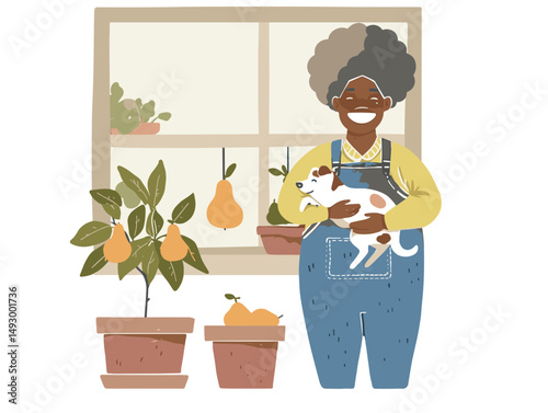 Home Garden Happiness: A friendly homeowner tends her home garden, surrounded by thriving pear trees and a cute, happy canine friend. The scene exudes warmth and joy.