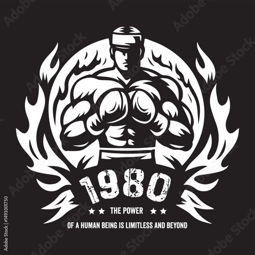 Vintage illustration of a boxer with fire effect