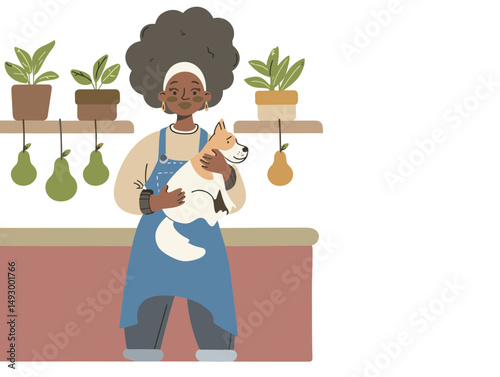 Woman with Dog and Plants: A cheerful Black woman with an afro hairstyle holds a small dog gently in her arms, standing in front of a shelf with potted plants. The scene evokes a sense of warmth.