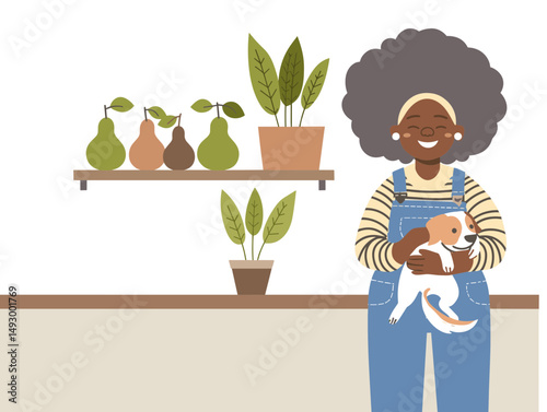 Caring Companion and Garden Oasis: A woman and her furry friend with plant. The scene celebrates the gentle nurturing of life, both human and flora. 
