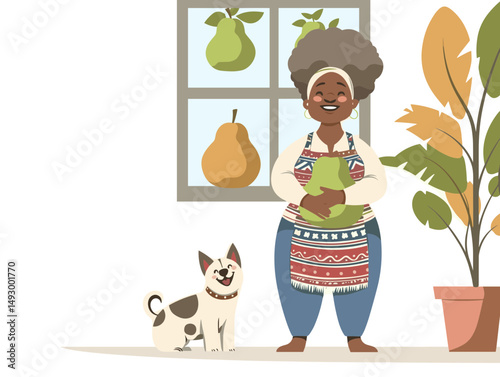 Pear-fect Moment:  A joyful woman with a warm smile, dressed in a colorful apron, holds a ripe pear, her adorable pet dog by her side.  The image evokes a sense of cozy domesticity and contentment.