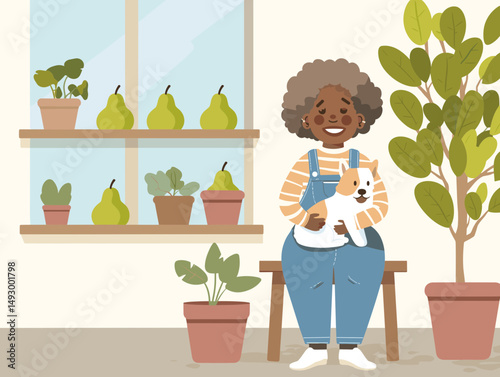 Smiling Woman with Puppy and Plants: A happy young woman with afro hair wearing blue denim overalls sits on a wooden bench in a sunny indoor space, cradling her adorable puppy in her arms.