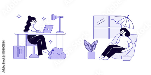 Work Life Balance: Illustration of person working at desk and person relaxing by window in stylish illustrated layout.