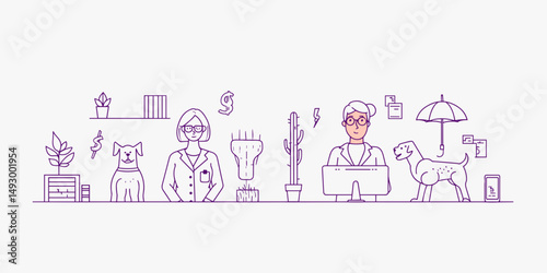 Home Office Harmony: A contemporary illustration captures a serene home office scene, featuring two individuals, adorable canine companions, and stylish decor elements.