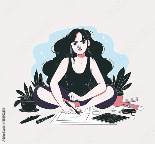 Creative Focus: A young woman with long dark hair sits cross-legged on the floor, deeply engrossed in her artistic endeavors, surrounded by art supplies.  
